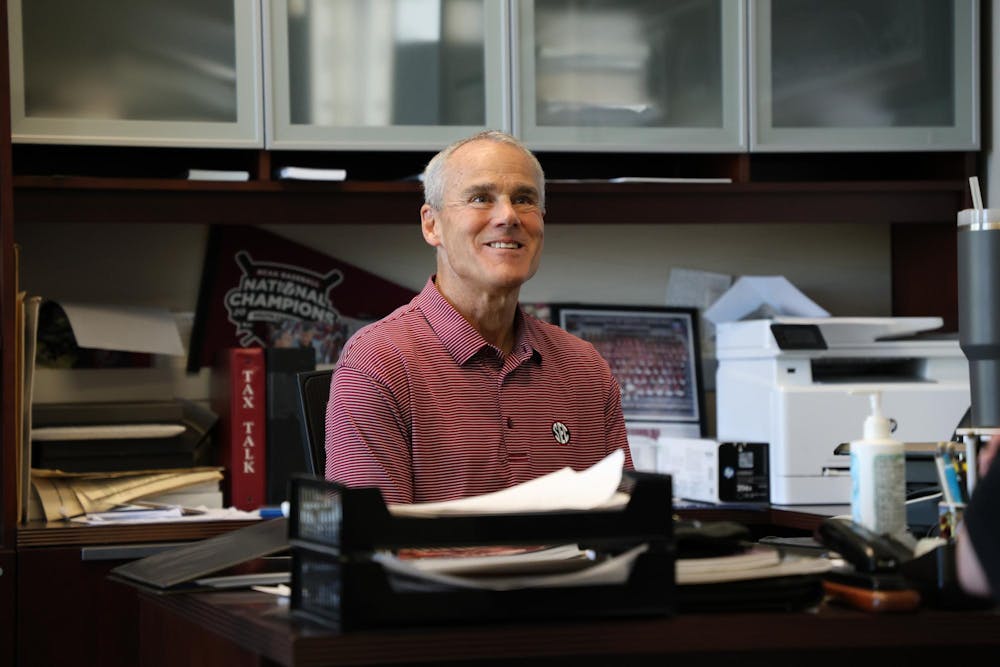 <p>Retired Senior Associate AD Steve Fink describes his journey into overseeing the communications and public relations department at USC on May 5, 2026 at&nbsp;Rice Athletics Center. Fink worked for USC for 21 years before retiring in July this year.</p>
