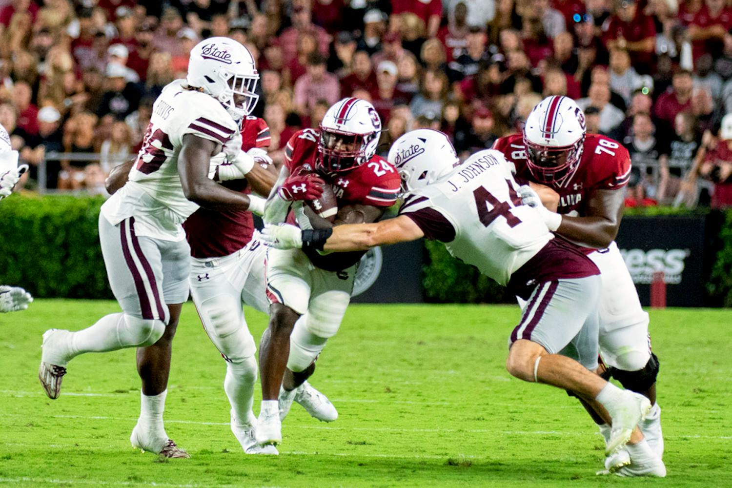 FILE — Redshirt senior running back Mario Anderson breaks through to cover his teammates during play during the University of South Carolina’s matchup against Mississippi State at Willimas-Brice Stadium on Sep. 23, 2023. Anderson rushed for 88 yards on 26 carries, both 鶹С򽴫ý highs.&nbsp;