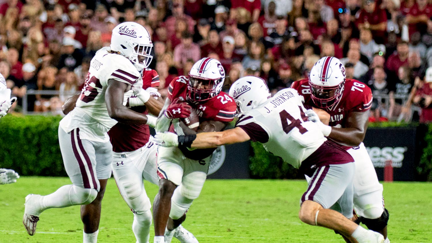 FILE — Redshirt senior running back Mario Anderson breaks through to cover his teammates during play during the University of South Carolina’s matchup against Mississippi State at Willimas-Brice Stadium on Sep. 23, 2023. Anderson rushed for 88 yards on 26 carries, both season highs.&nbsp;