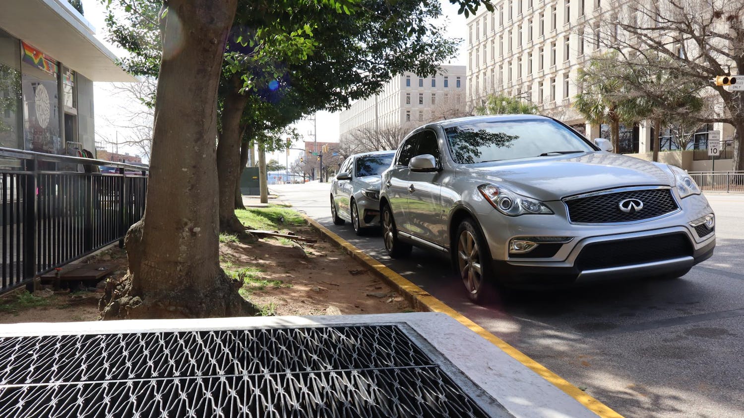 The parking spaces next to Carolina Cafe on Feb. 22, 2025. A growing worry among many USC students pertains to the accessibility of parking near Carolina Cafe because of plans to transform the parking spaces into a bicycle lane.