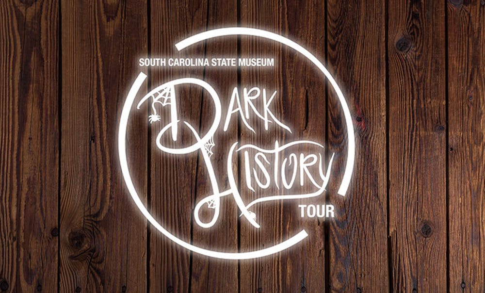 The logo for the South Carolina State Museum's Dark History Tour. The tour features chilling tales from Columbia's past and dives into Civil War history. The tour is suitable for all ages and takes place every Saturday in October at 10:30 a.m. and 2:30 p.m. 