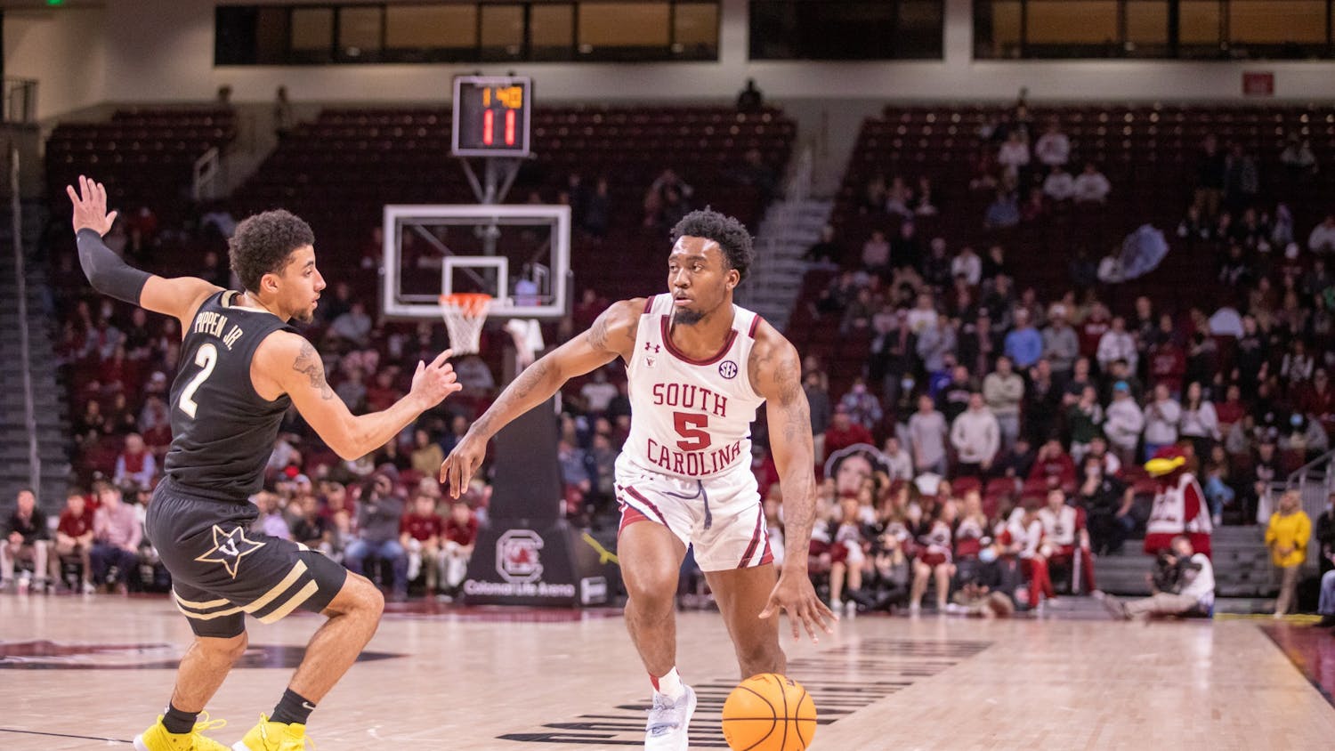 FILE—Redshirt junior guard Jermaine Custard dribbles around a defender during a game against Vanderbilt on January 26, 2022 at Colonial Life Arena. The Gamecocks lost to Mississippi State on February 1, 2022.