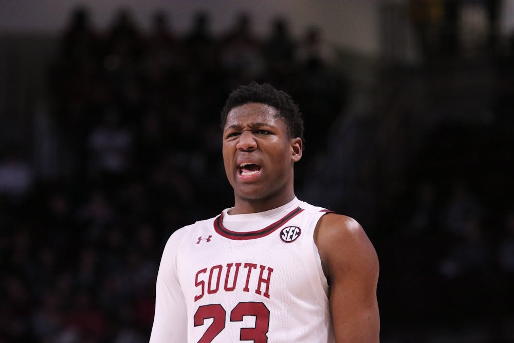 <p>FILE—Freshman forward Gregory “GG” Jackson II gives a look of confusion to a teammate during a time out on Feb. 4, 2023. The Gamecocks lost to the Arkansas Razorbacks 65-63.</p>