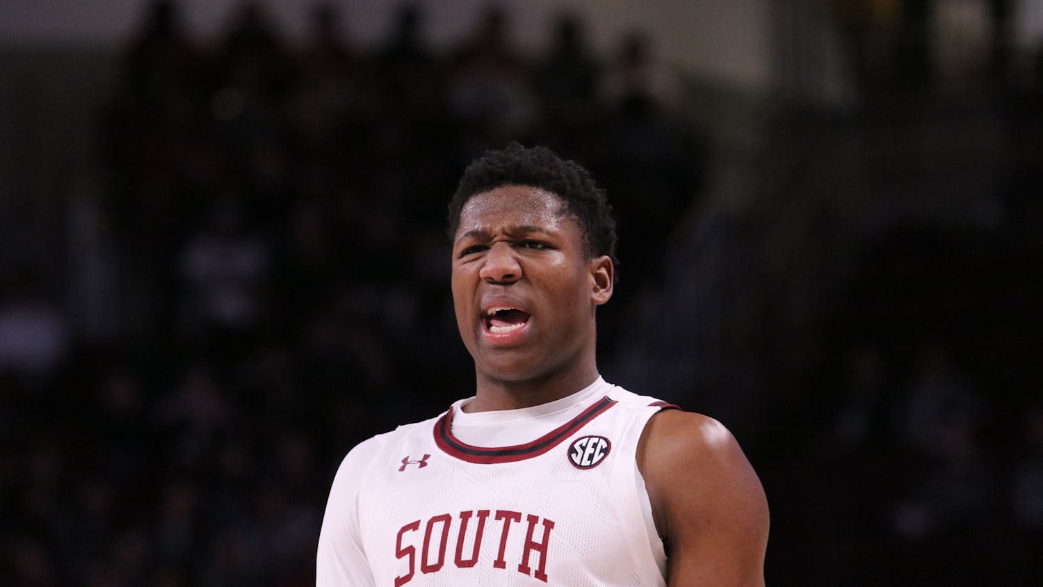 FILE—Freshman forward Gregory “GG” Jackson II gives a look of confusion to a teammate during a time out on Feb. 4, 2023. The Gamecocks lost to the Arkansas Razorbacks 65-63.