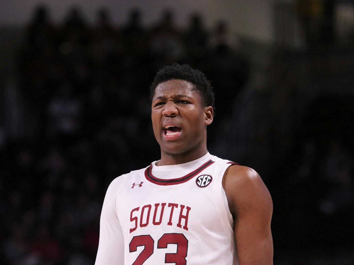 FILE—Freshman forward Gregory “GG” Jackson II gives a look of confusion to a teammate during a time out on Feb. 4, 2023. The Gamecocks lost to the Arkansas Razorbacks 65-63.