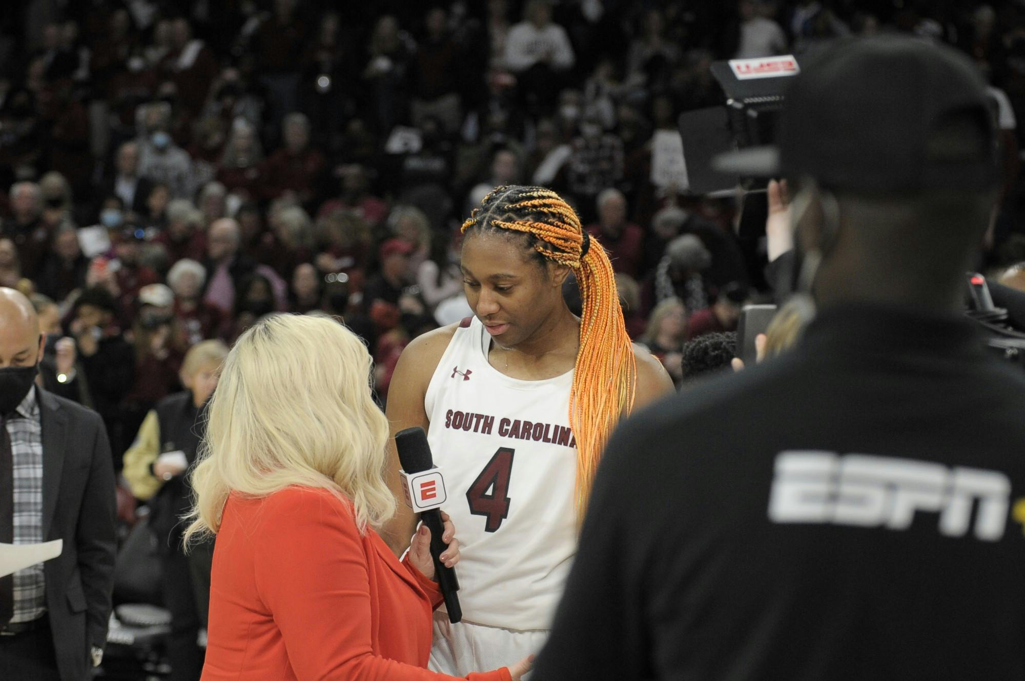 Junior forward Aliyah Boston speaks with an ESPN reporter after the game against the Tennessee Volunteers on Feb. 20, 2022 at Colonial Life Arena. Boston extended her record to 21 consecutive double-doubles during the game against Ole Miss.