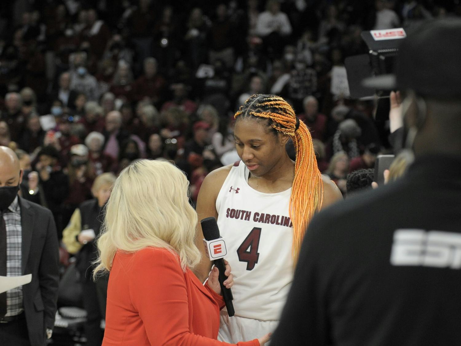 Junior forward Aliyah Boston speaks with an ESPN reporter after the game against the Tennessee Volunteers on Feb. 20, 2022 at Colonial Life Arena. Boston extended her record to 21 consecutive double-doubles during the game against Ole Miss.