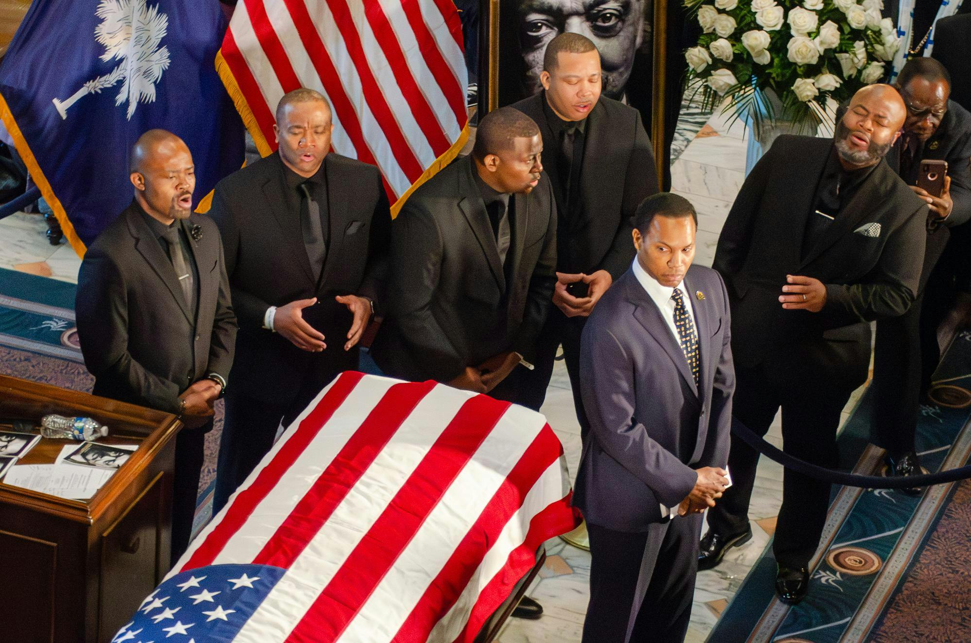 A men’s choir performs at the lying-in-state of the Rev. Jesse Jackson in the South Carolina State House on March 2, 2026. The event was branded as a “celebration of life.”