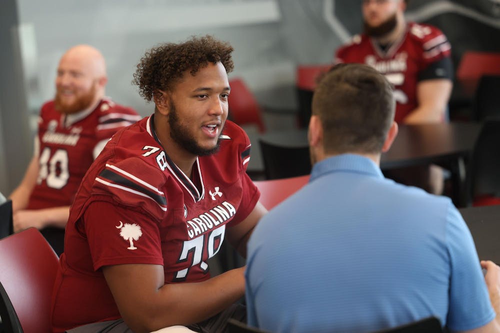 <p>Redshirt senior offensive lineman Seth Smith talks to the media during a press conference at the USC Indoor Practice Facility on Feb. 25, 2026. Smith transferred from Northern Arizona University.</p>