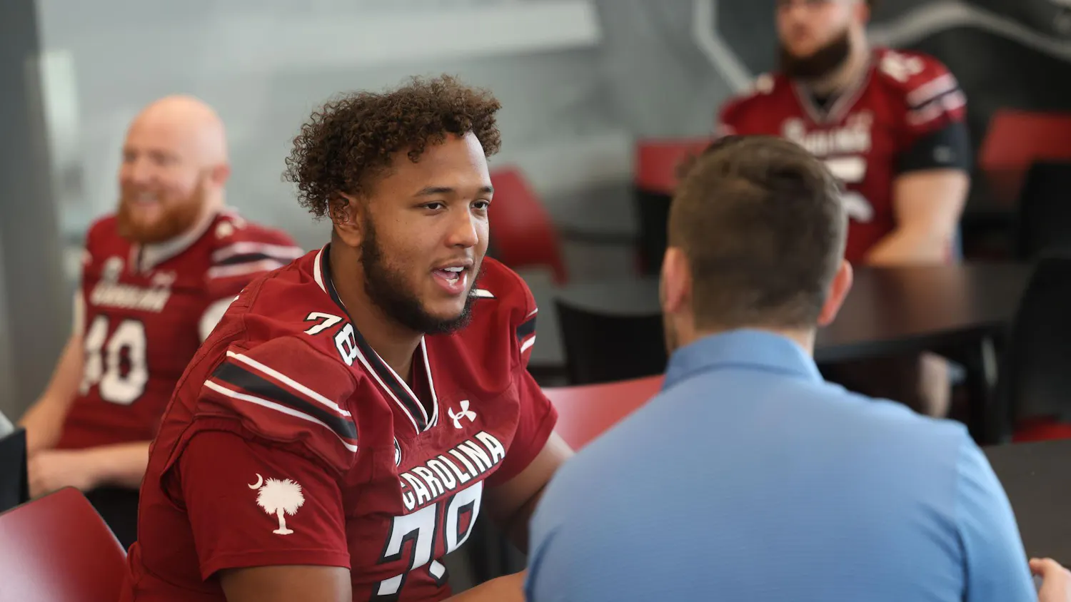 Redshirt senior offensive lineman Seth Smith talks to the media during a press conference at the USC Indoor Practice Facility on Feb. 25, 2026. Smith transferred from Northern Arizona University.