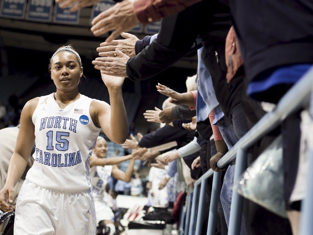 North Carolina&apos;s Allisha Gray (15) celebrates the Tar Heels&apos; 62-53 victory over the Michigan State Spartans during the second round of the NCAA Tournament at Carmichael Arena in Chapel Hill, N.C., on Tuesday, March 25, 2014. (Robert Willett/Raleigh News &amp; Observer/MCT)
