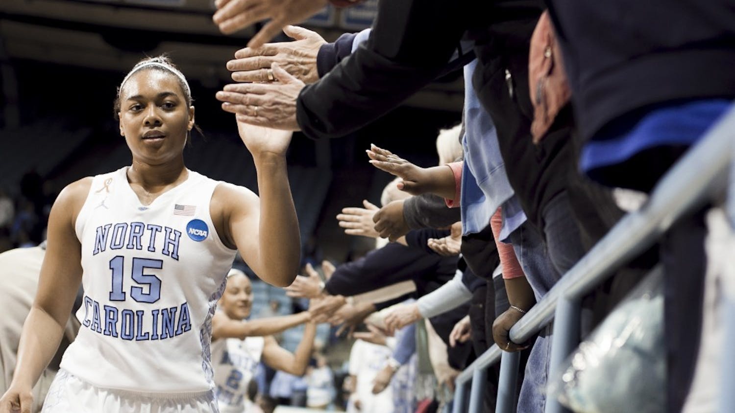 North Carolina's Allisha Gray (15) celebrates the Tar Heels' 62-53 victory over the Michigan State Spartans during the second round of the NCAA Tournament at Carmichael Arena in Chapel Hill, N.C., on Tuesday, March 25, 2014. (Robert Willett/Raleigh News & Observer/MCT)