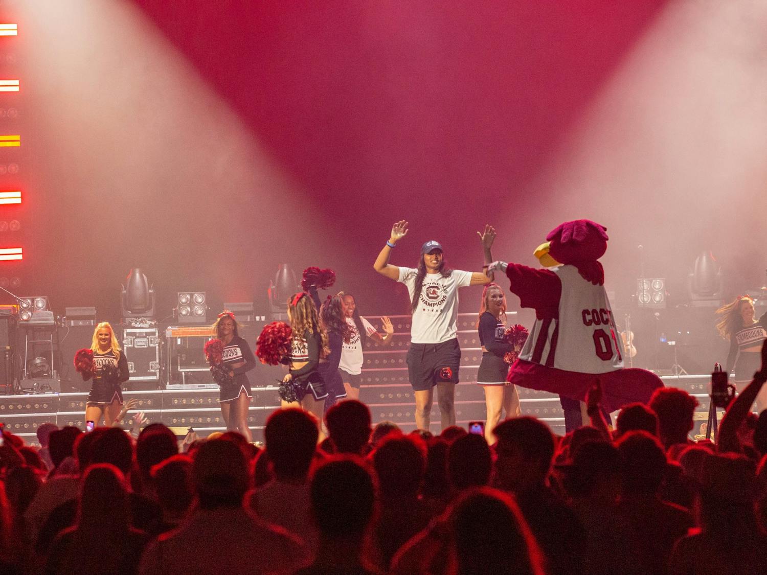 Freshman guard Sania Feagin walks to the front of the stage prior to Darius Rucker’s performance at Colonial Life Arena on April 24, 2022. The concert was held as a celebration for the women's basketball team.