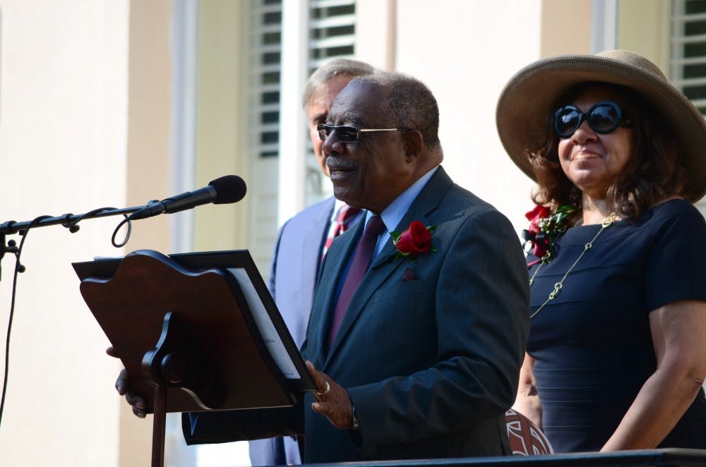 	James Solomon Jr. addresses the crowd at the 50th anniversary of desegregation at USC.