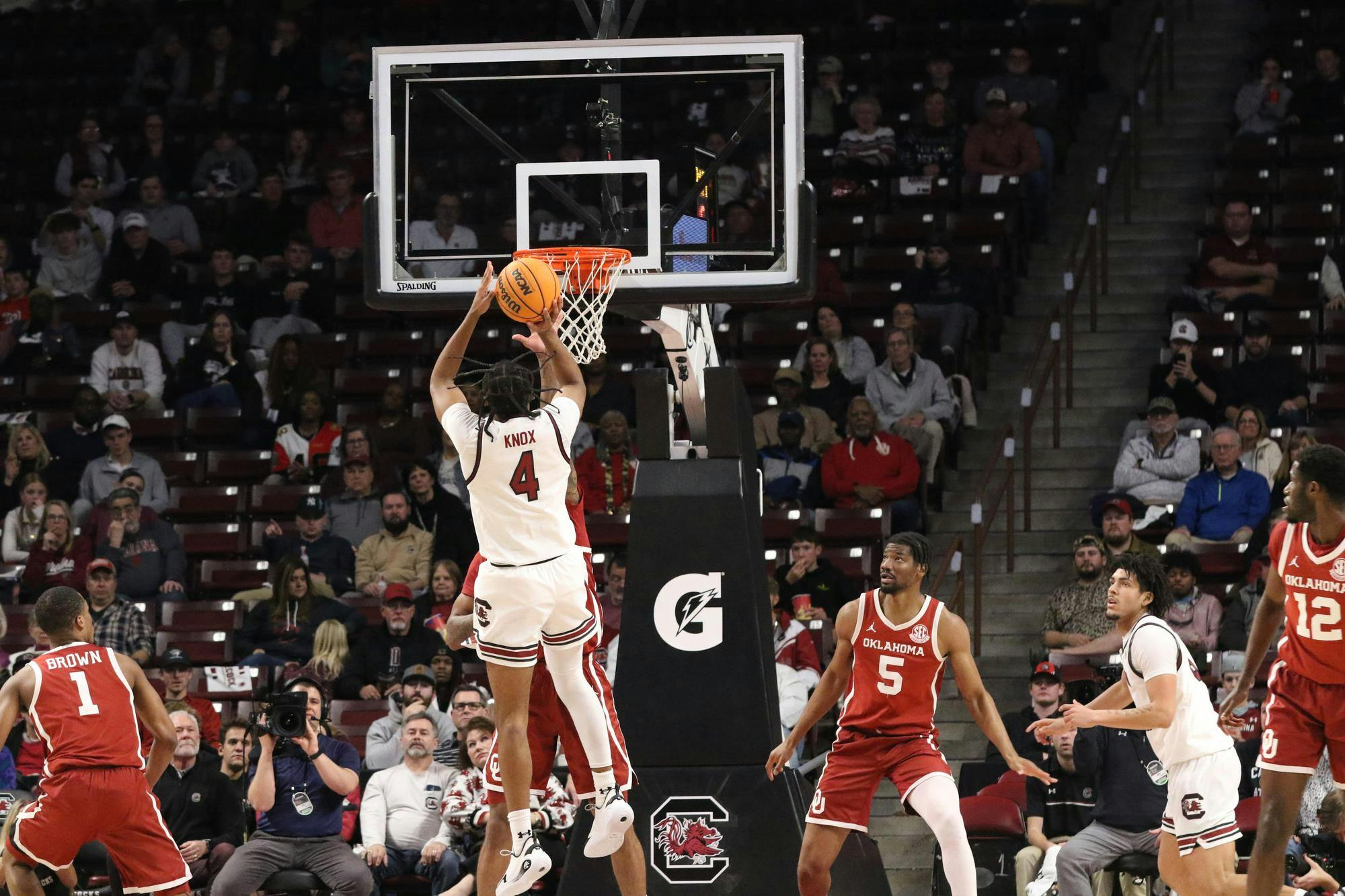Redshirt senior guard Kobe Knox shoots for points against the University of Oklahoma in the game on Jan. 20, 2026, at the Colonial Life Arena. Knox scored a total of 18 points in the game, setting a new season high.