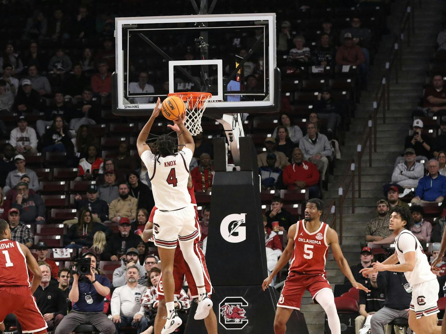 Redshirt senior guard Kobe Knox shoots for points against the University of Oklahoma in the game on Jan. 20, 2026, at the Colonial Life Arena. Knox scored a total of 18 points in the game, setting a new season high.