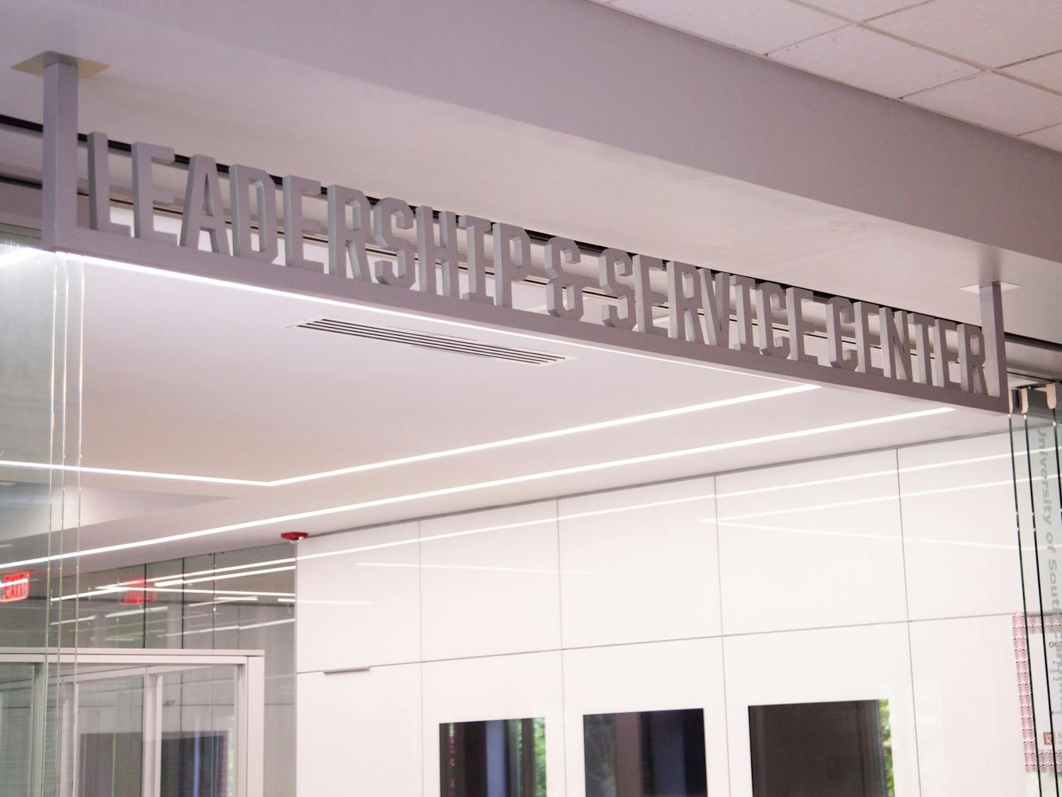 A picture of the sign above the Leadership and Service Center on July 5, 2022. The center houses a number of offices that offer personal development and service opportunities for students.&nbsp;
