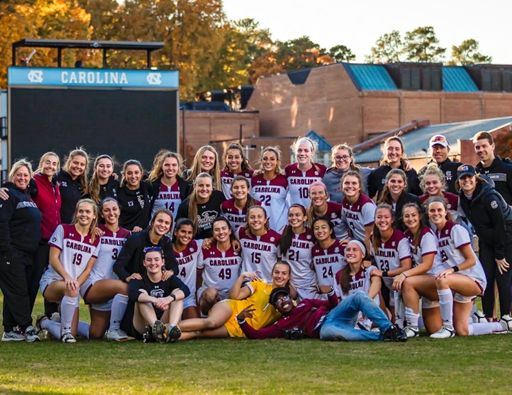 The South Carolina Women's Soccer team poses for a group photo after the NCAA tournament against the University of North Carolina Chapel Hill on November 13, 2021.