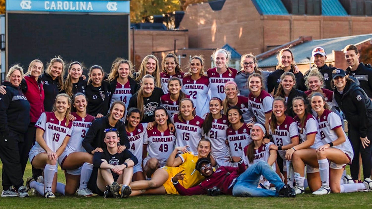 The South Carolina Women's Soccer team poses for a group photo after the NCAA tournament against the University of North Carolina Chapel Hill on November 13, 2021.