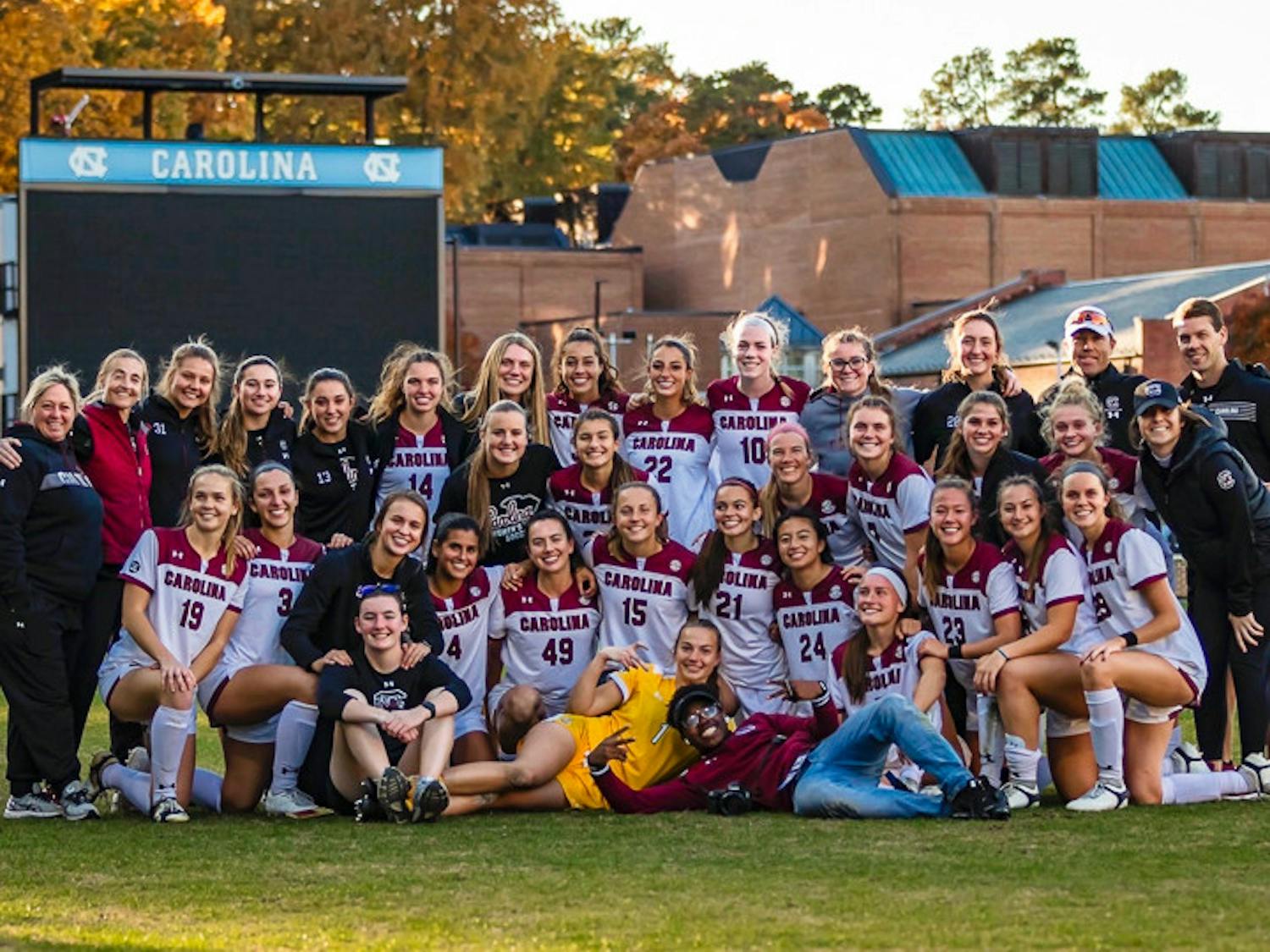 The South Carolina Women's Soccer team poses for a group photo after the NCAA tournament against the University of North Carolina Chapel Hill on November 13, 2021.