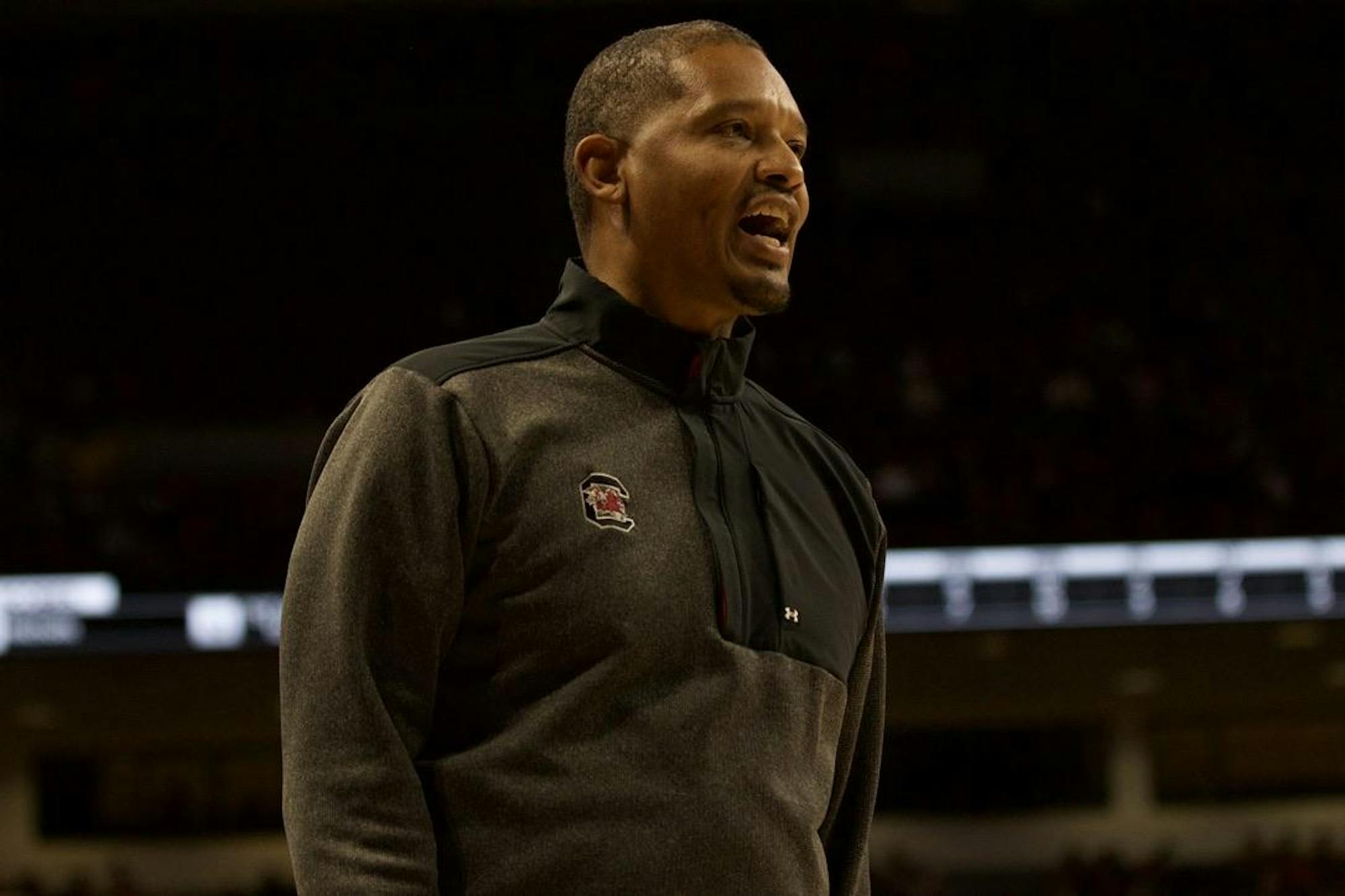 South Carolina's men's basketball coach Lamont Paris cheers in the game against Notre Dame at Colonial Life Arena on Nov. 28, 2023. 