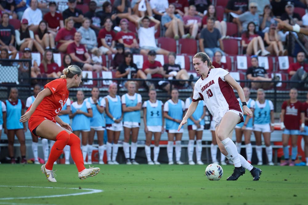 <p>Fifth-year forward Catherine Barry heads downfield to score for the Gamecocks in the match against Clemson on Sept. 5, 2024. The Gamecocks and Tigers ended the Palmetto Series match with a 1-1 tie.</p>