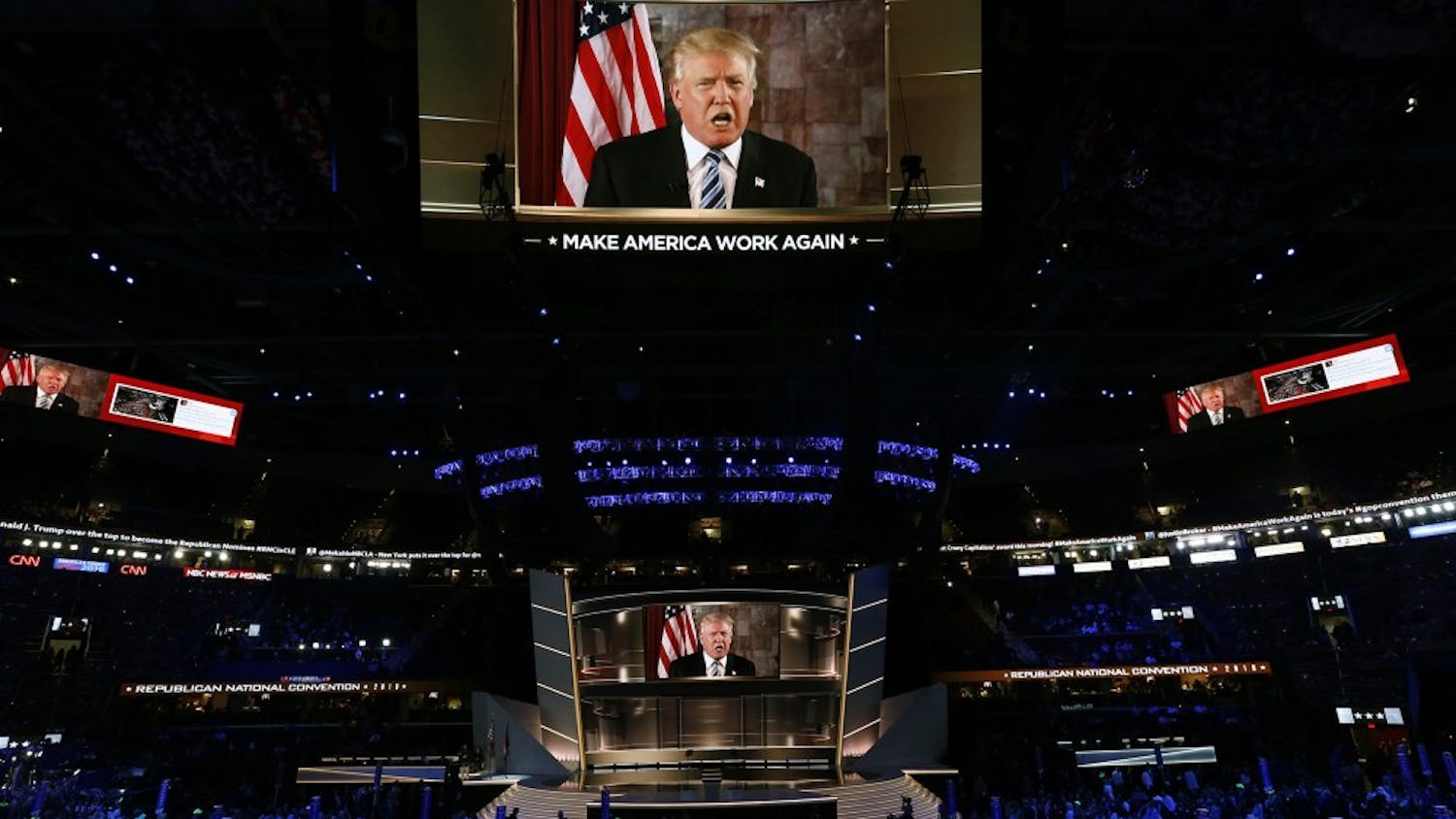 Republican Presidential nominee Donald Trump appears by satellite to address the delegates on the second day of the Republican National Convention on Tuesday, July 19, 2016, at Quicken Loans Arena in Cleveland. (Carolyn Cole/Los Angeles Times/TNS)