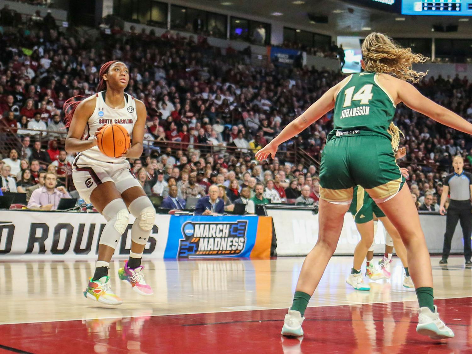 Senior forward Aliyah Boston eyes a shot during South Carolina’s game against South Florida in round two of the NCAA tournament at Colonial Life Arena on March 19, 2023. The Gamecocks defeated the Bulls 76-45.
