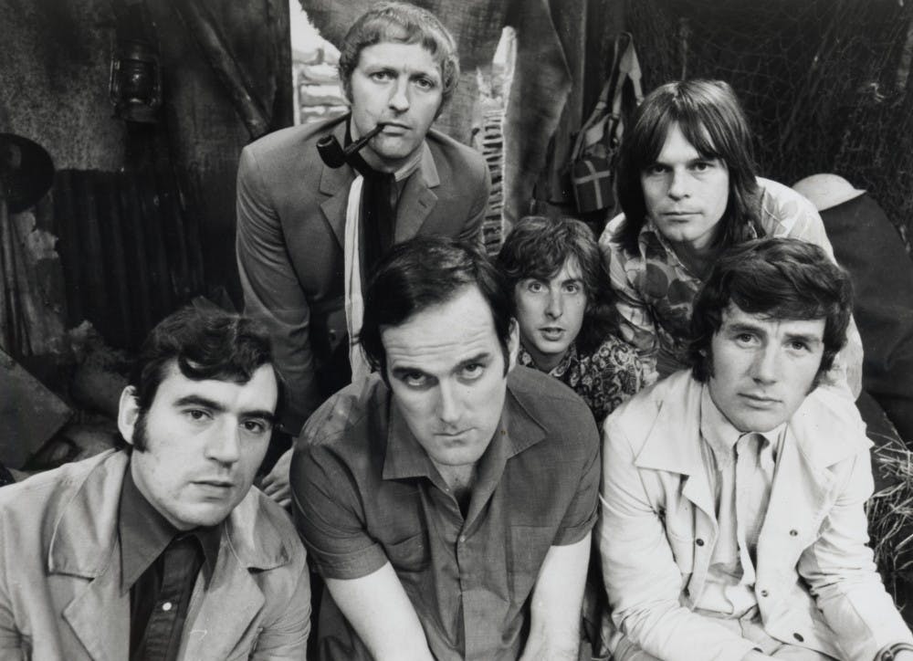 The Monty Python Troupe (1969) includes Terry Jones, bottom row (l to r), John Cleese, Michael Palin; top row (l to r): Graham Chapman, Eric Idle, Terry Gilliam. (MCT)