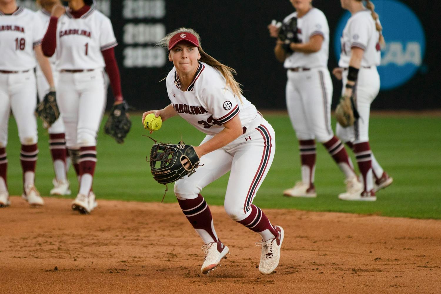Freshman infielder Karley Shelton fields and throws a ball before South Carolina’s game against Tennessee on March 23, 2024. The Gamecocks lost to the Lady Vols 2-1 in extra innings.