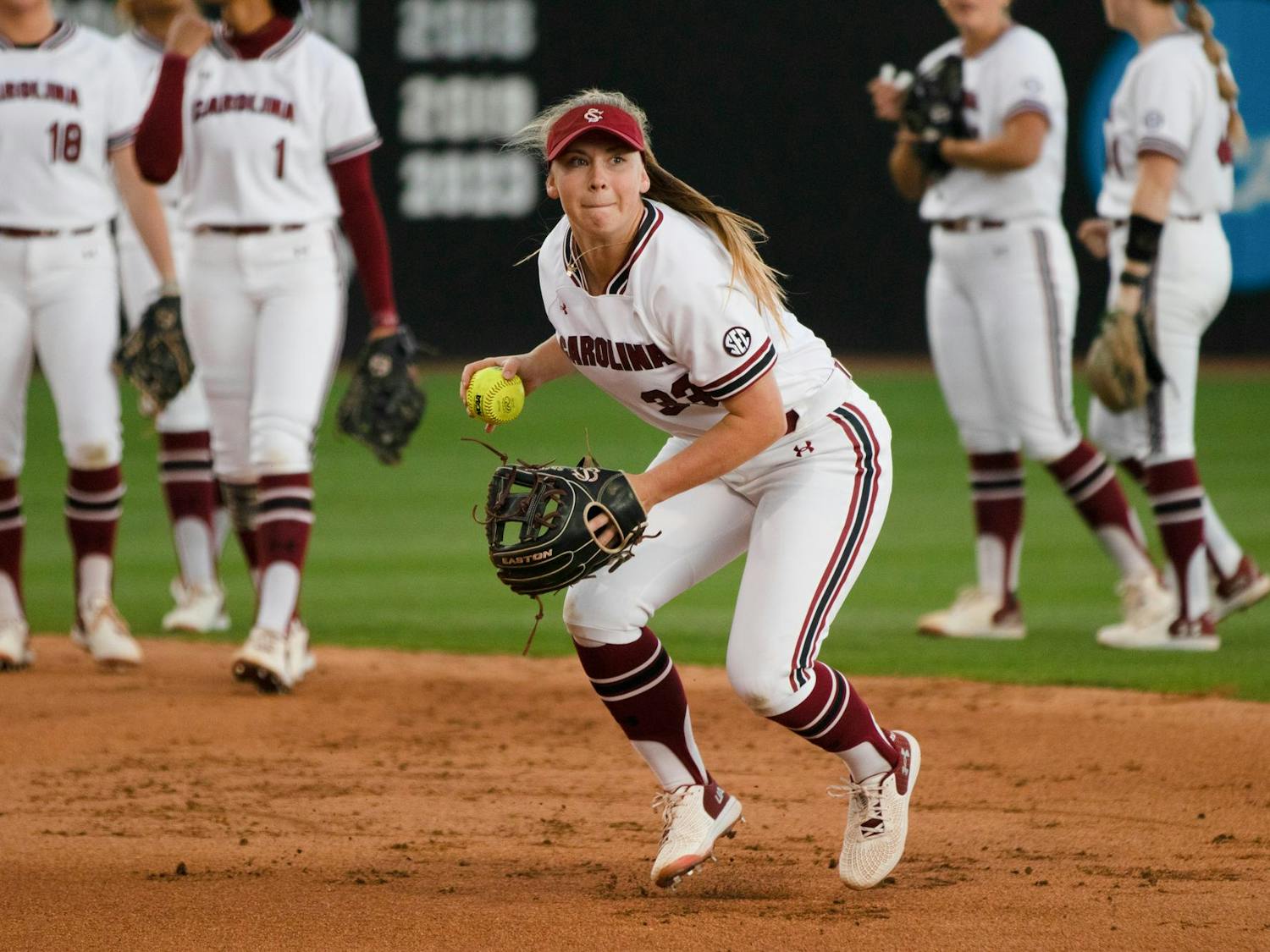 Freshman infielder Karley Shelton fields and throws a ball before South Carolina’s game against Tennessee on March 23, 2024. The Gamecocks lost to the Lady Vols 2-1 in extra innings.