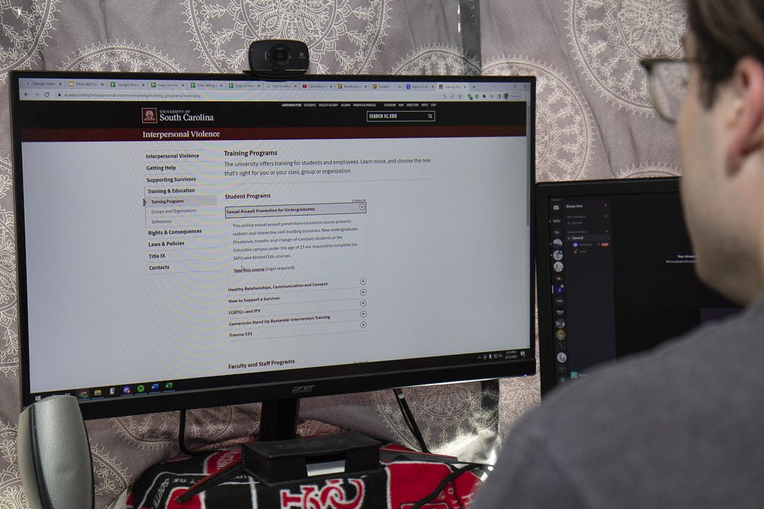 Fourth-year finance student Beck Stephenson logs on to the University of South Carolina's sexual assault prevention education course on April 23, 2023. All upcoming USC students are required to take Title IX-related online modules prior to registration.