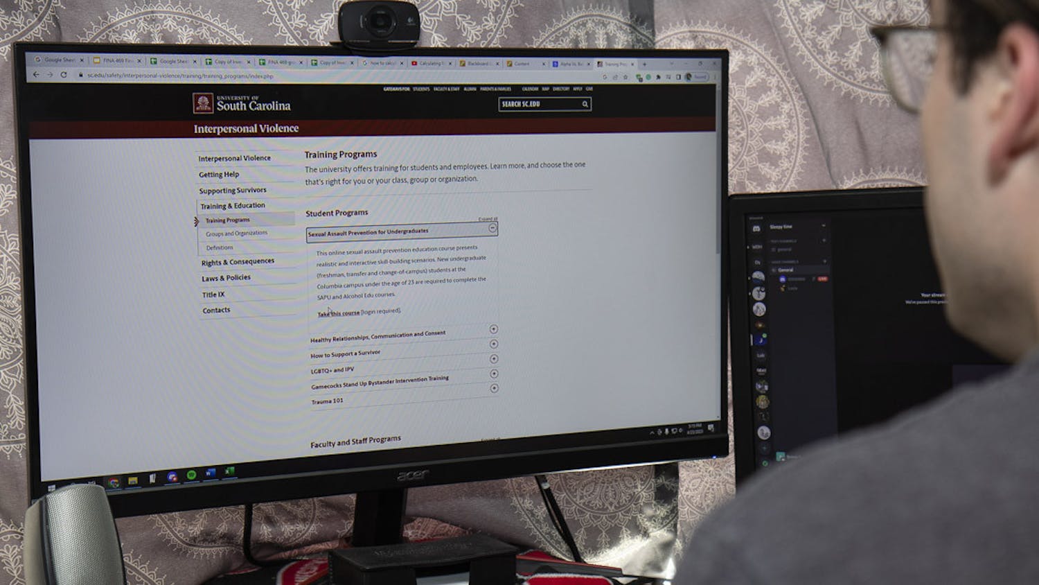 Fourth-year finance student Beck Stephenson logs on to the University of South Carolina's sexual assault prevention education course on April 23, 2023. All upcoming USC students are required to take Title IX-related online modules prior to registration.
