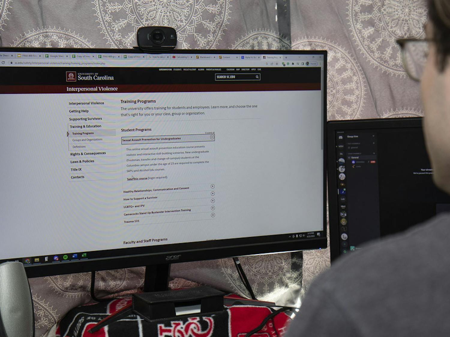 Fourth-year finance student Beck Stephenson logs on to the University of South Carolina's sexual assault prevention education course on April 23, 2023. All upcoming USC students are required to take Title IX-related online modules prior to registration.