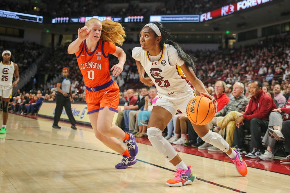<p>Junior guard Bree Hall drives the ball towards the baseline during South Carolina’s game against Clemson at Colonial Life Arena on Nov. 16, 2023. Hall had five rebounds and one assist in the Gamecocks' 109-40 win over the Tigers.</p>