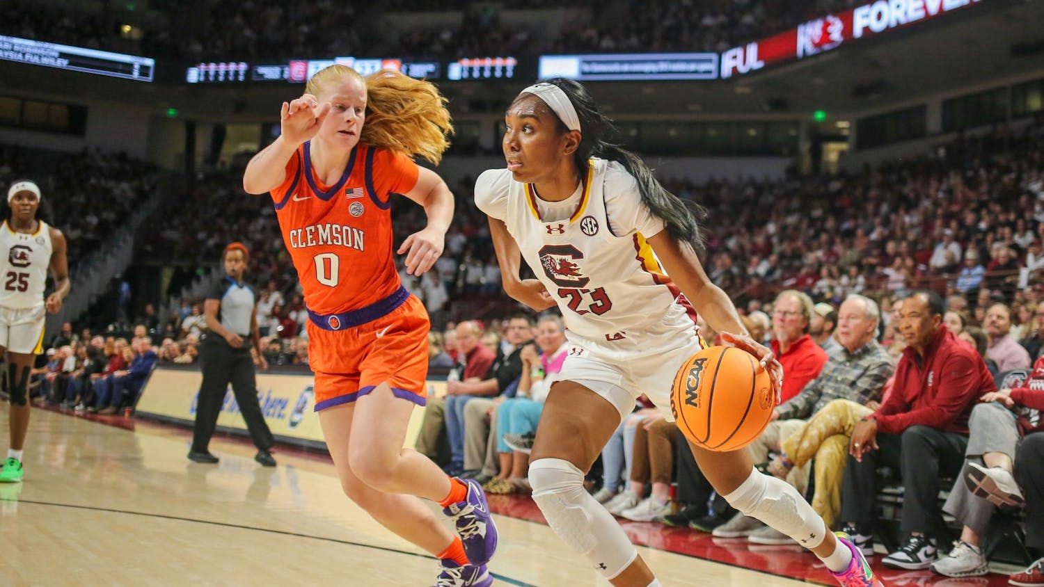 Junior guard Bree Hall drives the ball towards the baseline during South Carolina’s game against Clemson at Colonial Life Arena on Nov. 16, 2023. Hall had five rebounds and one assist in the Gamecocks' 109-40 win over the Tigers.