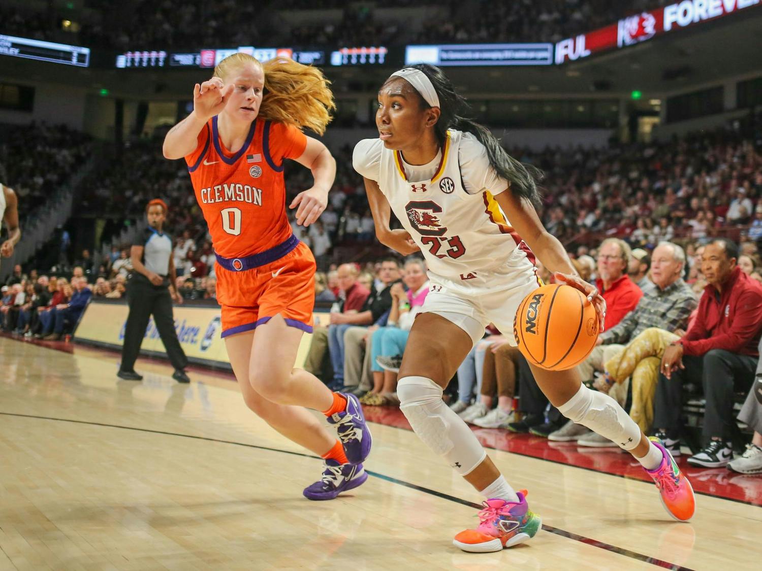 Junior guard Bree Hall drives the ball towards the baseline during South Carolina’s game against Clemson at Colonial Life Arena on Nov. 16, 2023. Hall had five rebounds and one assist in the Gamecocks' 109-40 win over the Tigers.