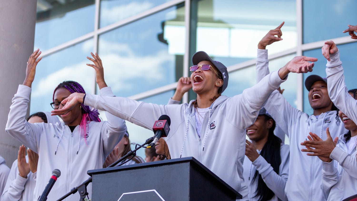 Members of the South Carolina women's basketball team celebrate outside of Colonial Life Arena on April 4, 2022. The Gamecocks defeated University of Connecticut 64-49 to claim their second national title.
