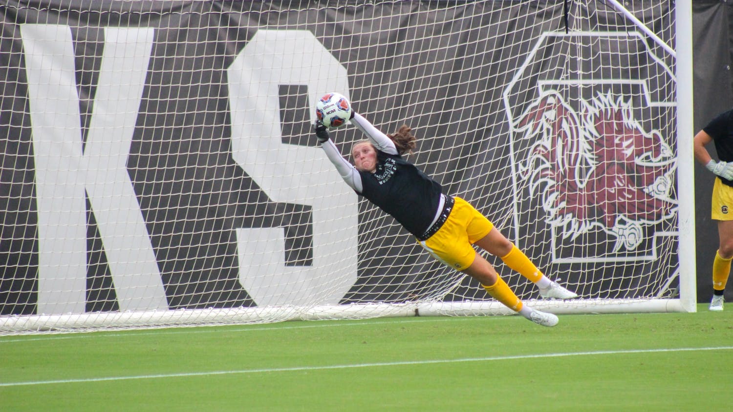 Senior goalkeeper Heather Hinz warming up before the Gamecocks' season opener on August 18, 2022. The No. 4 South Carolina women’s soccer team defeated Connecticut 3-0 in Storrs, Connecticut on Aug. 25.&nbsp;
