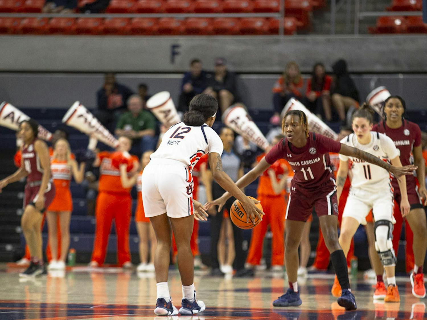 Freshman guard Talaysia Cooper guards one of Auburn's players during the game against the Tigers on Feb. 9, 2023. The Gamecocks took a record-setting win, besting the Tigers 83-48 for their 30th victory in a row.