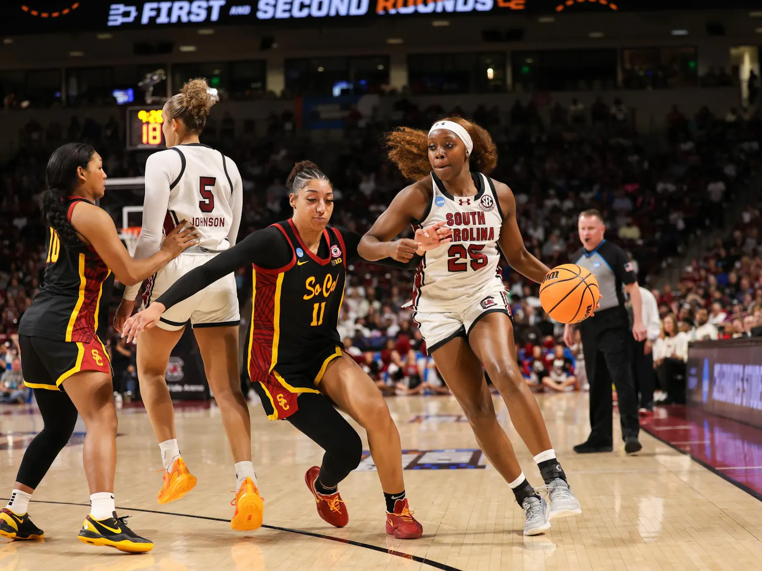 Senior guard Raven Johnson rounds the 3-point line during the game against Southern California on March 23, 2026. Johnson had a season-high 11 rebounds.