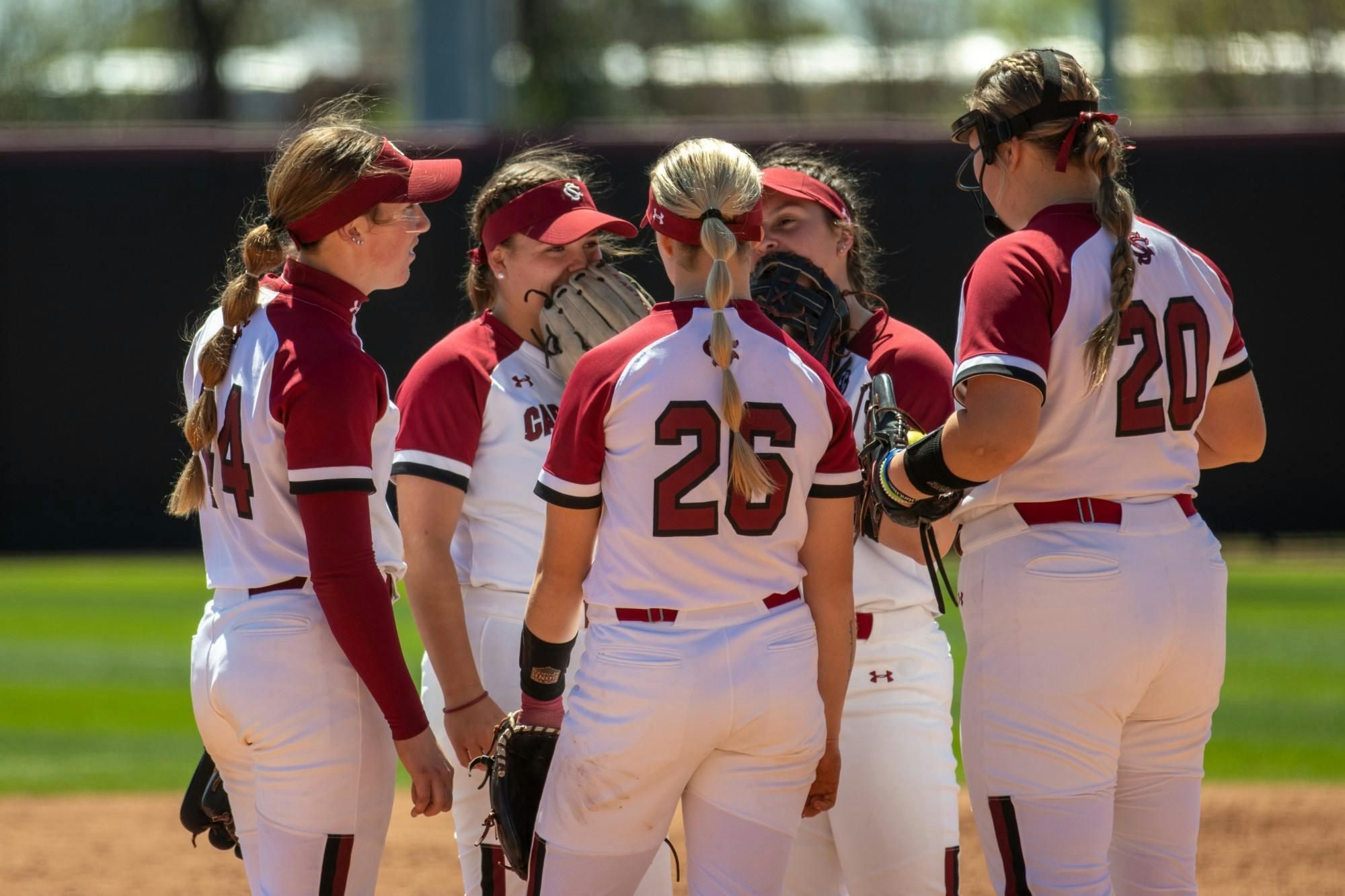 FILE—The Gamecocks gather on the pitcher’s mound at Beckham Field on March 27, 2022.&nbsp;