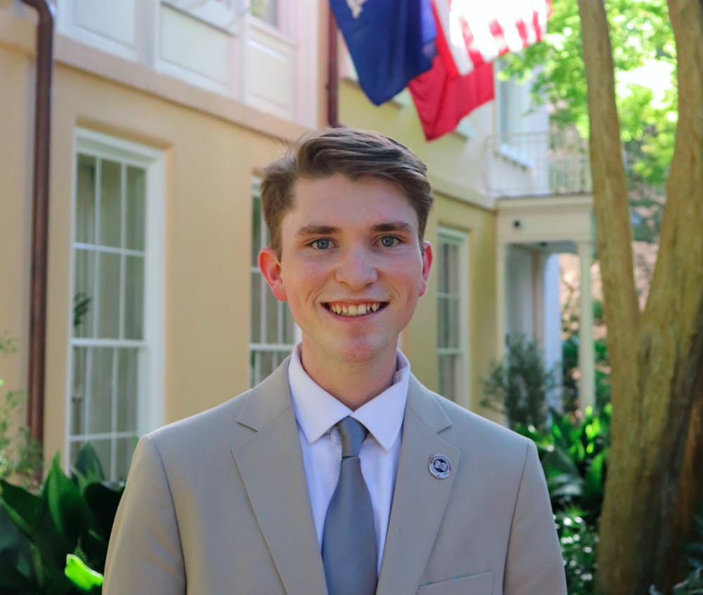 <p>FILE—Speaker of the student senate Noah Glasgow poses for a picture in front of the president's house. Glasgow will step down on Jan. 18 to pursue an internship with the U.S. Department of State.&nbsp;</p>