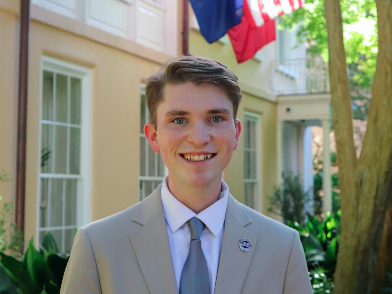 FILE—Speaker of the student senate Noah Glasgow poses for a picture in front of the president's house. Glasgow will step down on Jan. 18 to pursue an internship with the U.S. Department of State.&nbsp;