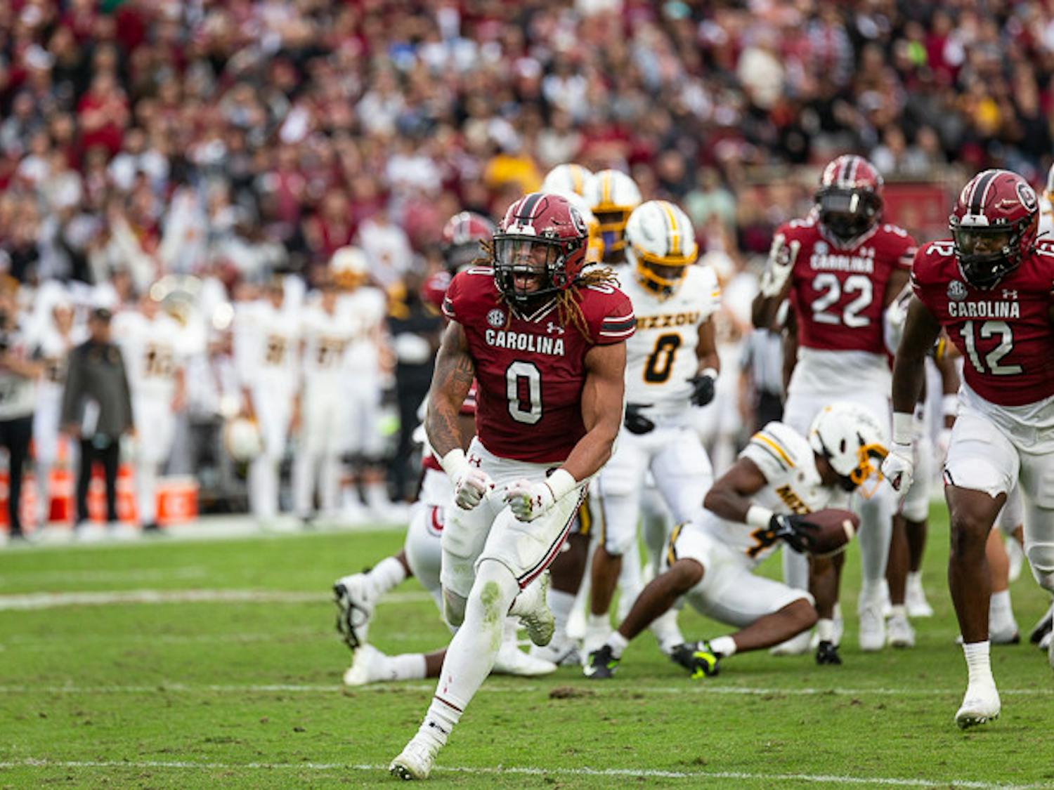 Redshirt sophomore linebacker Debo Williams celebrates after stopping Missouri's advance after a punt on October 29, 2022. South Carolina was bested by Missouri 23-10.