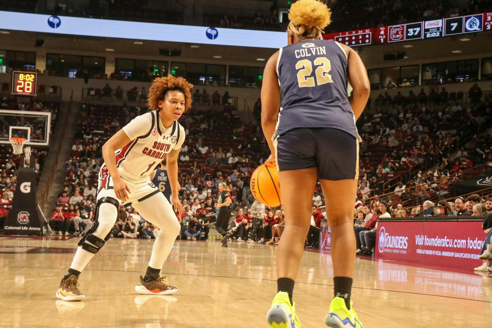 Sophomore guard Maddy McDaniel defends against a Queens University of Charlotte player on Nov. 24, 2025 at the Colonial Life Arena. The Gamecocks’ 121 points marks the third-most in program history.