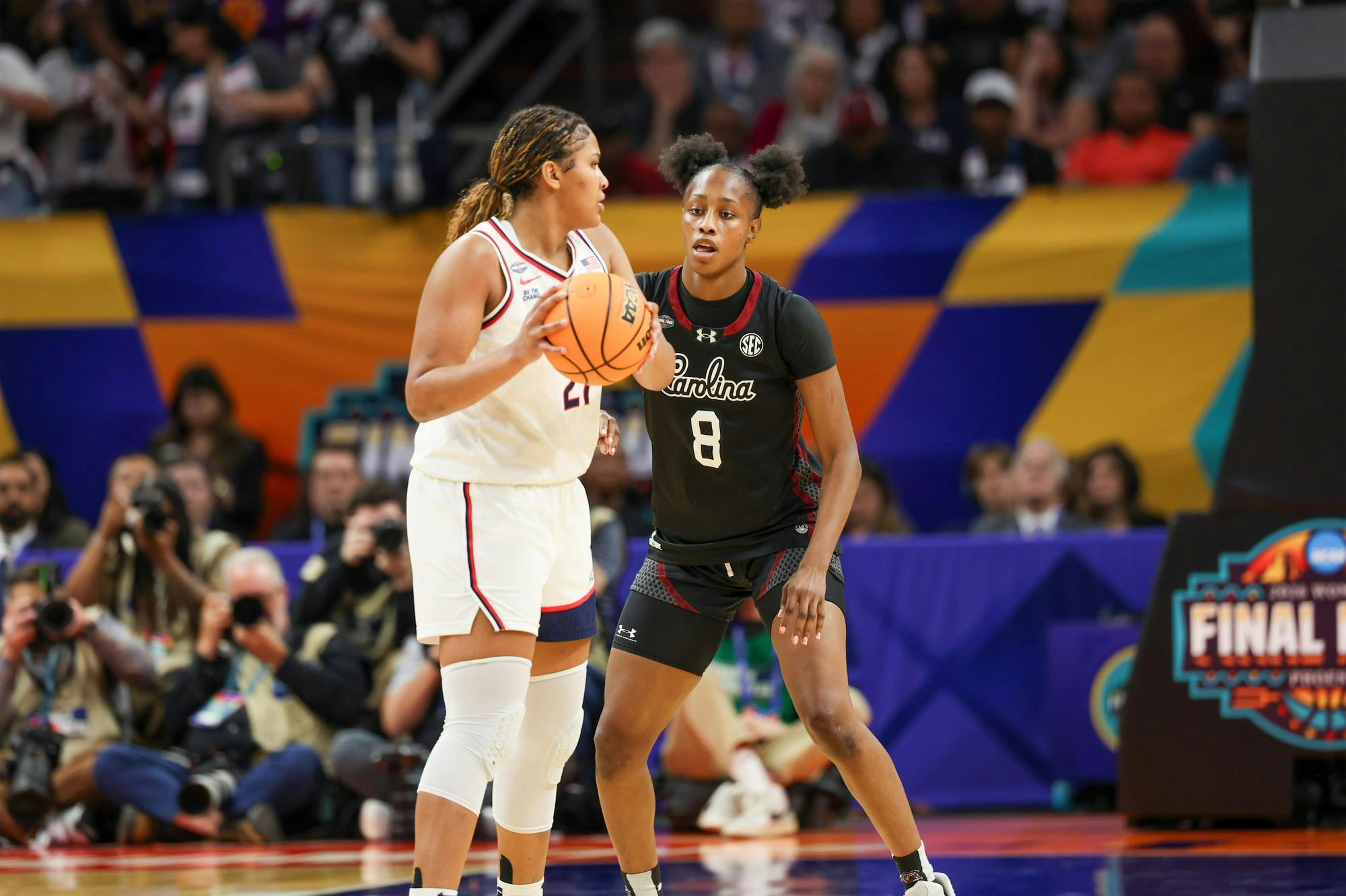 Sophomore forward Joyce Edwards guards against sophomore forward Sarah Strong during the semifinal between South Carolina and UConn on April 3, 2026. The Gamecocks defeated the Huskies 62-48.