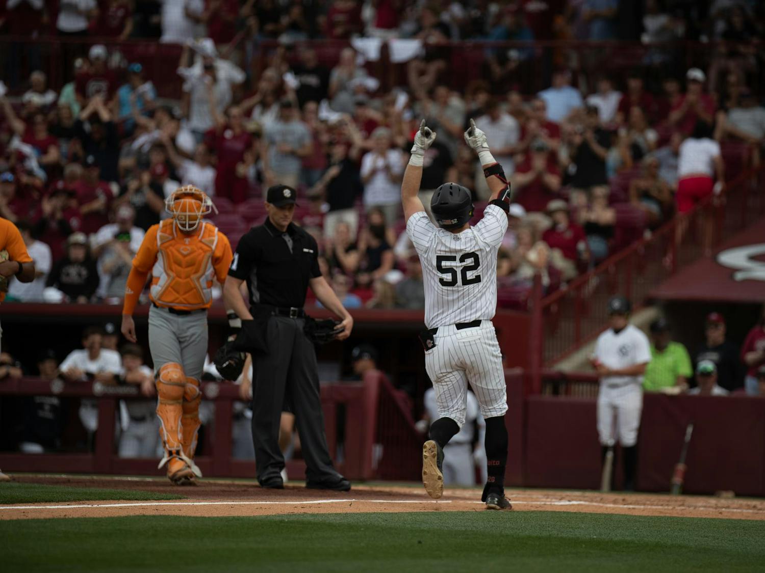 Junior outfielder Jase Woita celebrates his home run to tie the game against Tennessee on March, 29, 2025. Woita has four homers on the season.