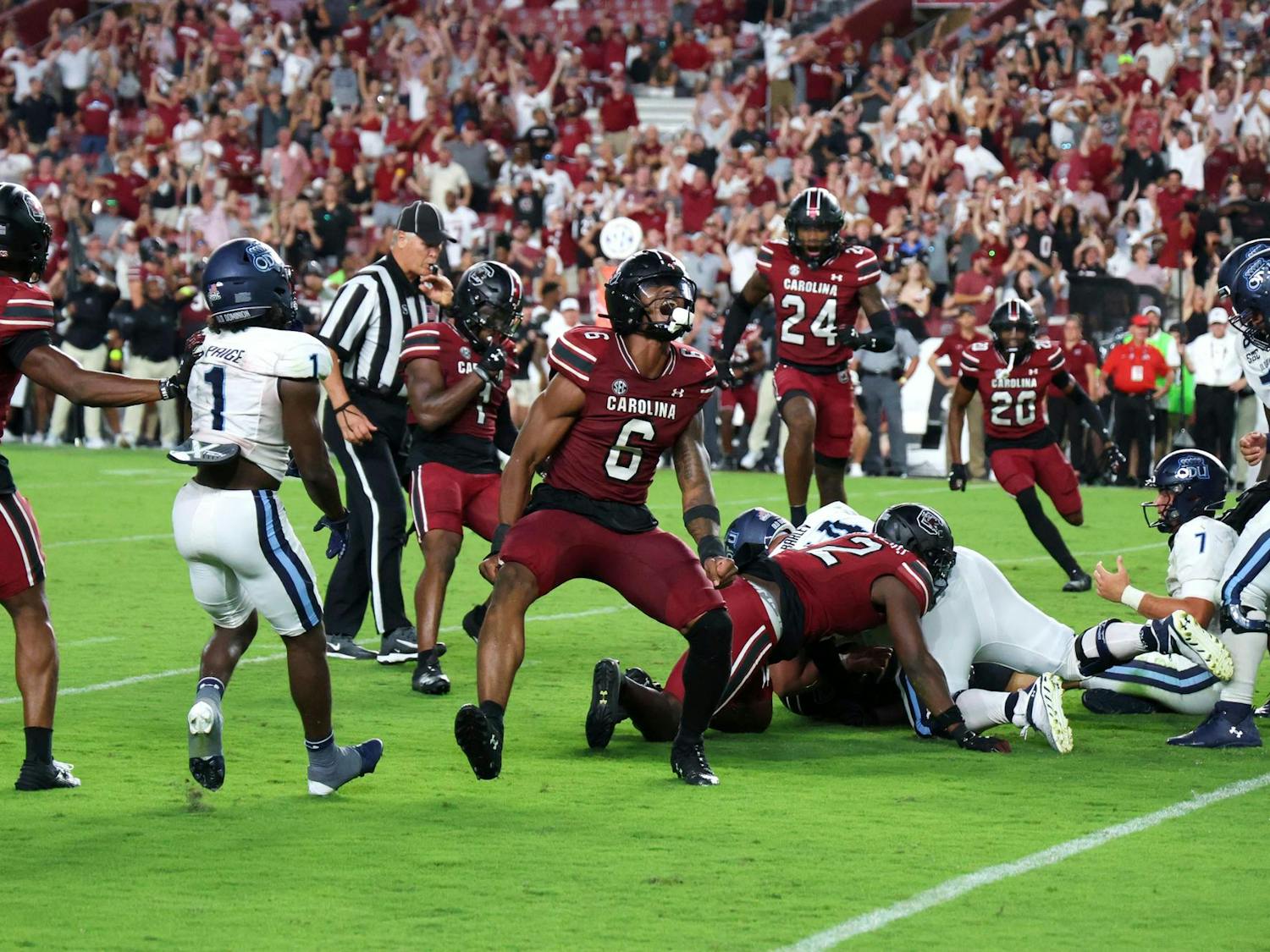 FILE — Freshman edge Dylan Stewart celebrates after forcing Old Dominion to fumble the ball in the fourth quarter of their matchup on Aug. 31, 2024. Stewart recorded four total tackles, 1.5 sacks, and two forced fumbles in his first game for the Gamecocks.