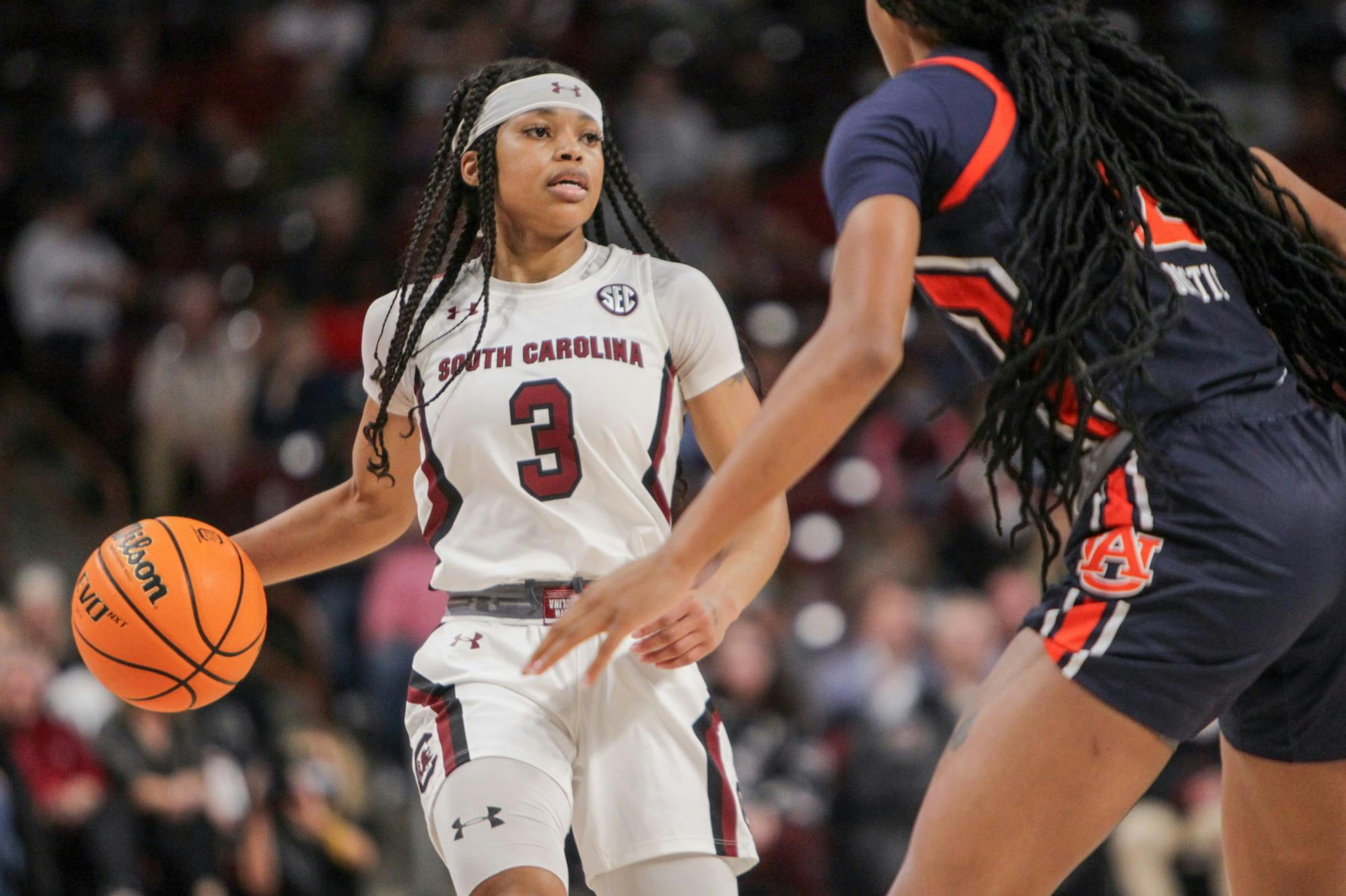 Senior guard Destanni Henderson looks for an open teammate during a game on Feb. 17, 2022 at Colonial Life Arena in Columbia, SC. The Gamecocks beat Auburn 75-38.